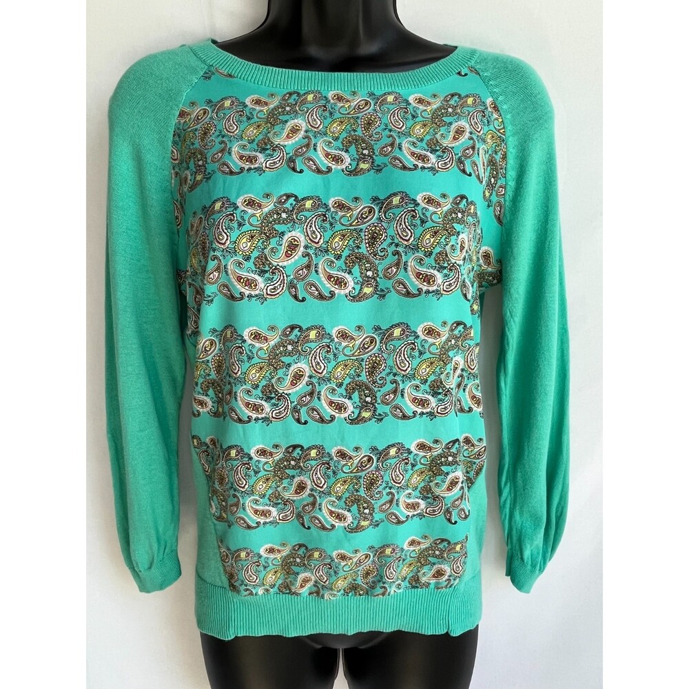 Moth Anthropologie Sweater Top Paisley Print Knit Mix Media Mint Green XS Quirky